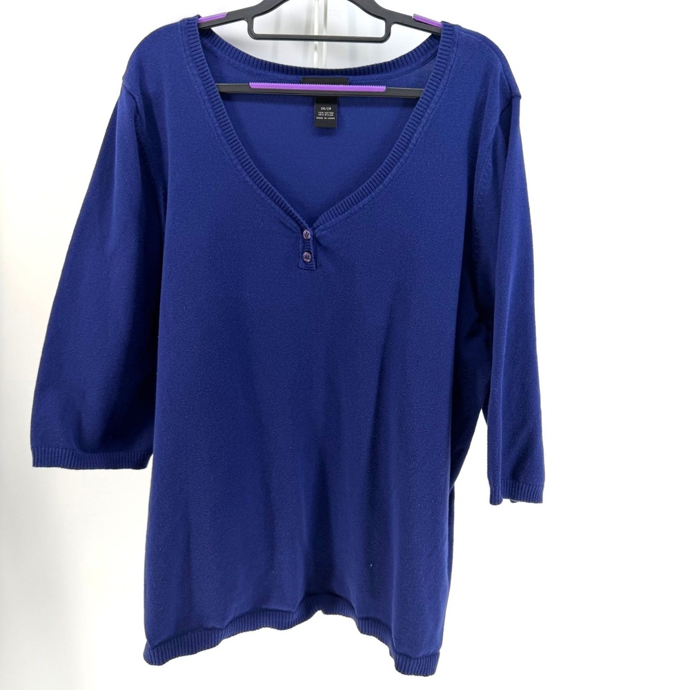 Lane Bryant Sweater Women 26/28 Royal Blue V-Neck 3/4 Sleeve Cotton Knit Minimal